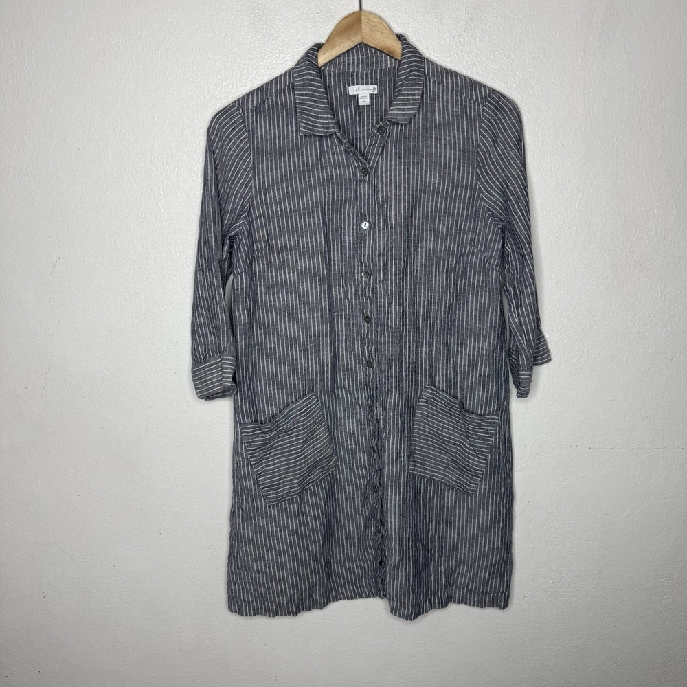 J Jill Love Linen Gray Stripe Shirt Dress Pockets Lagenlook Womens Small